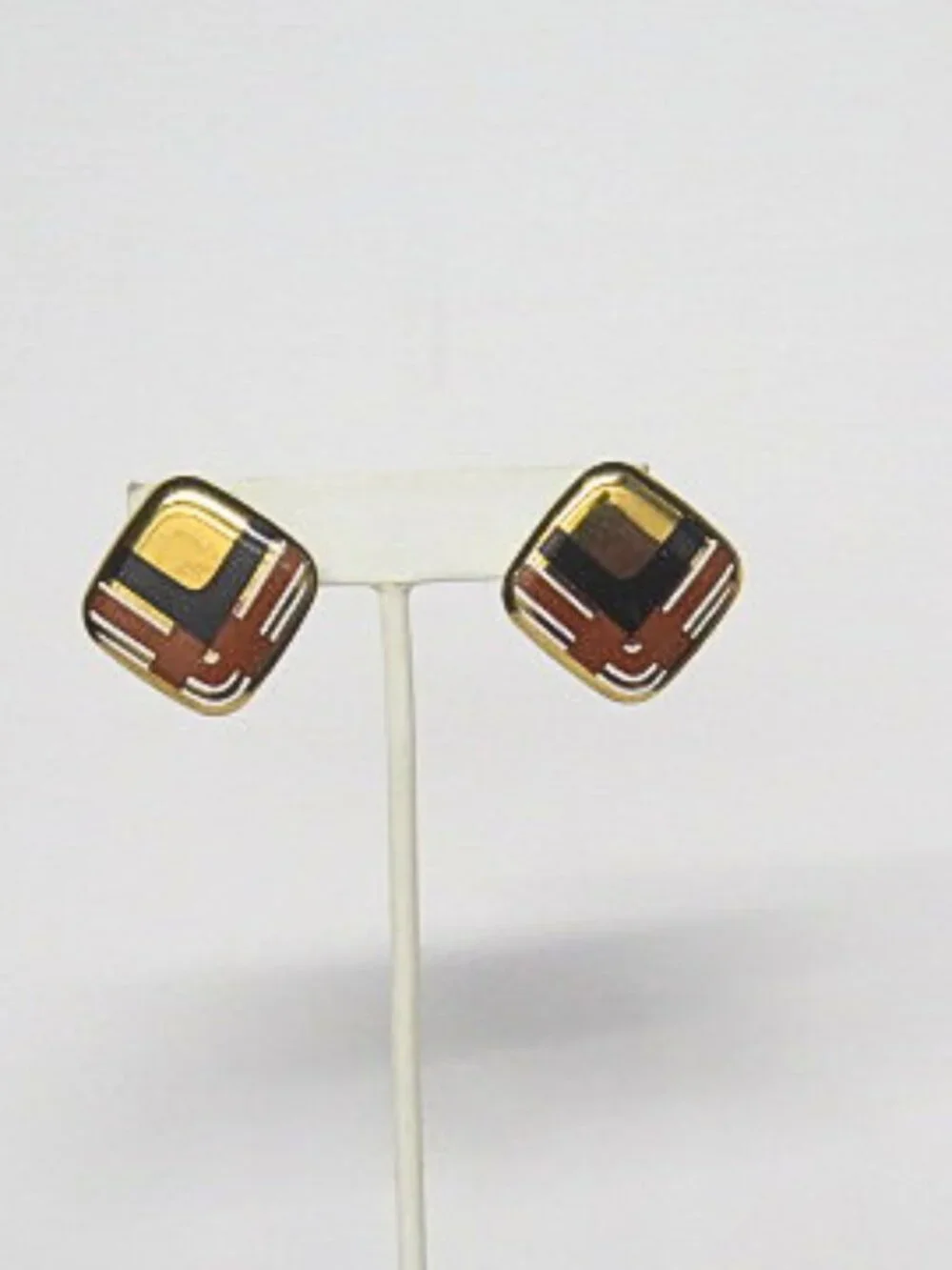 Vintage Gold Tone Geometric Enamel Square Post Earrings